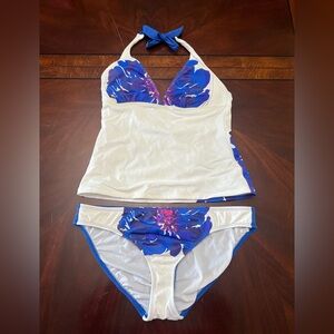 Athleta White and Blue Painted Floral Halter Bikini Set